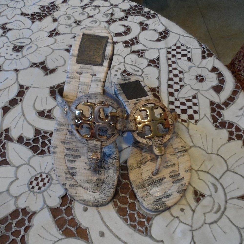 Tory Burch Cream and Gold Logo Thong Sandals